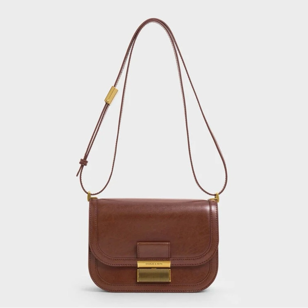 Charles & Keith Brown Crossbody Bag with Gold Accents